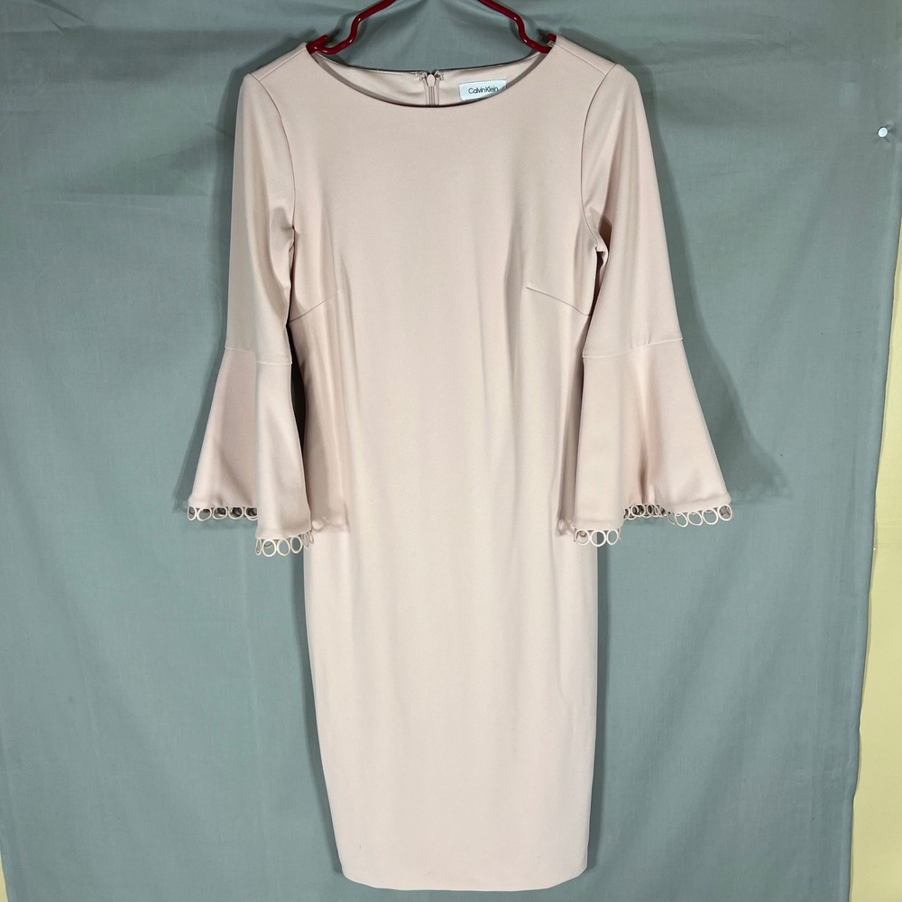 Calvin Klein Sheath Dress Bell Sleeve Ring Trim Blush Pink Womens 4